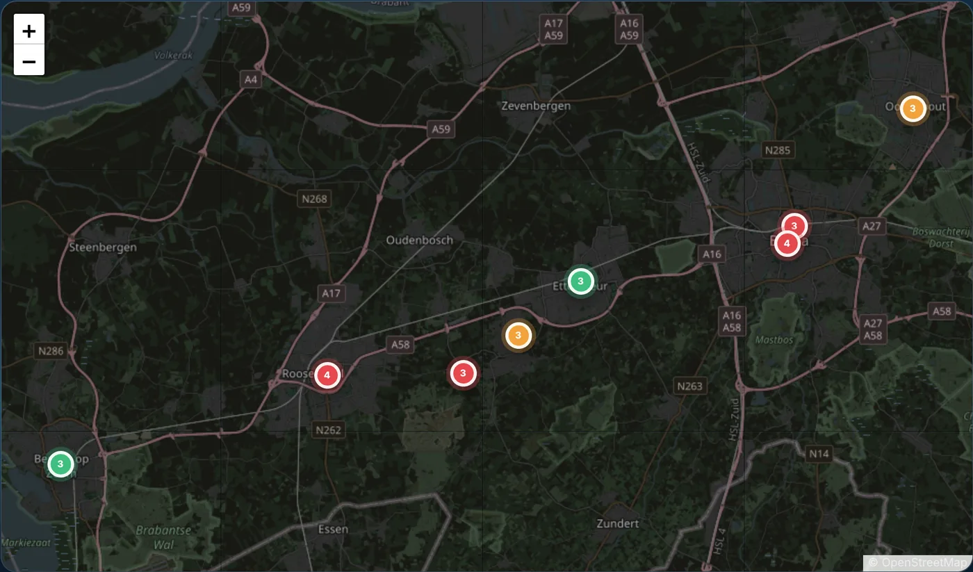 De kaart met alle woningen van het kantoor