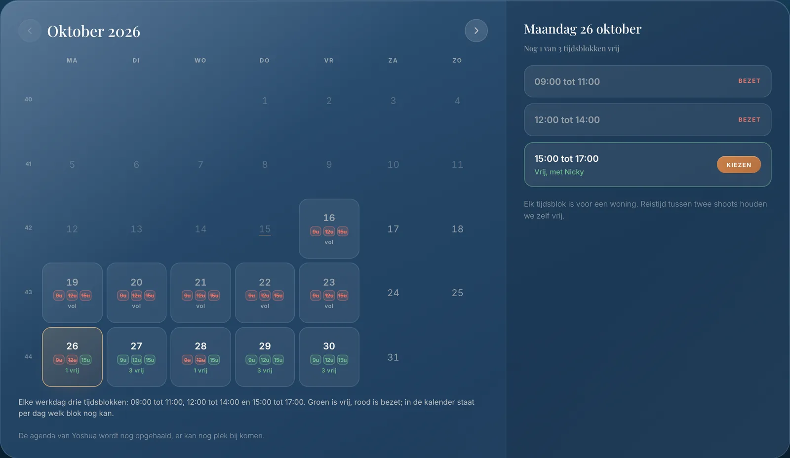 De online agenda met vrije en bezette tijdsblokken